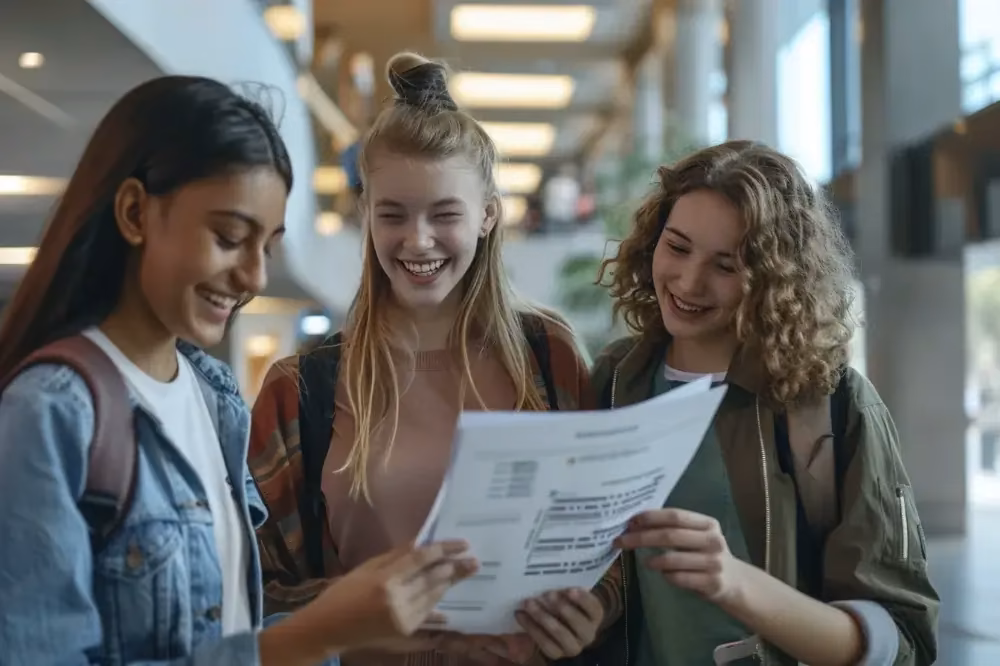 Estudiantes revisando juntas los resultados de su ensayo PAES