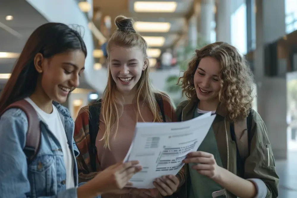 Estudiantes revisando juntas los resultados de su ensayo PAES